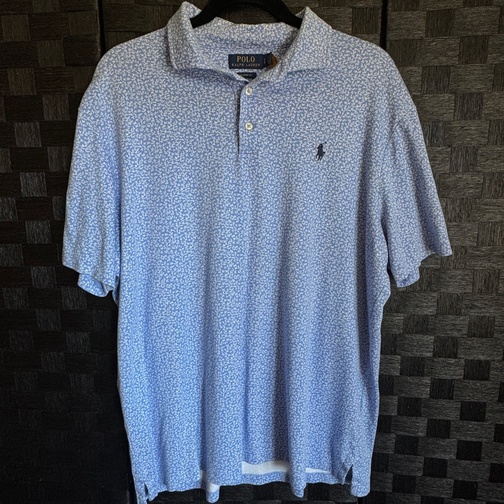 Polo Ralph Lauren Polo Shirt Mens L Blue Leaf Print Classic Fit Cotton Short Slv